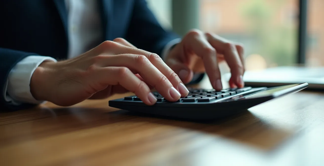 Main utilisant une calculatrice pour analyser le risque financier