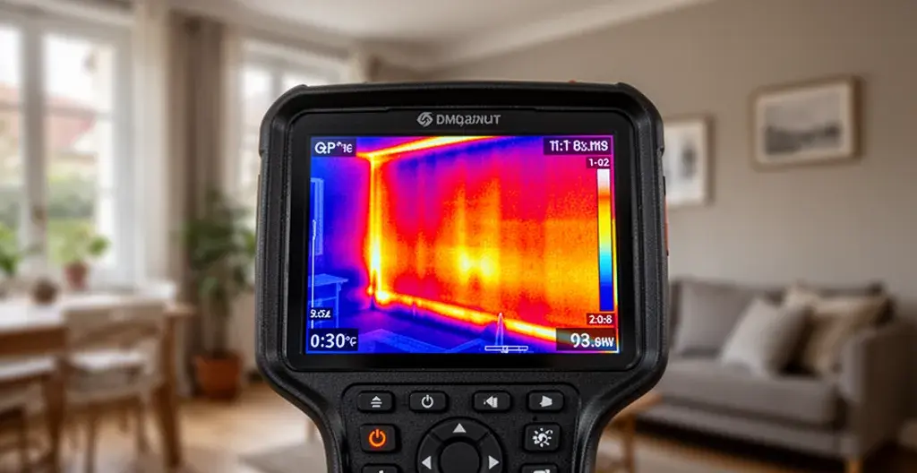 Écran de caméra thermique montrant un pont thermique sur mur résidentiel