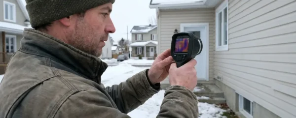 Inspecteur en bâtiment analysant une maison avec caméra thermique au Québec