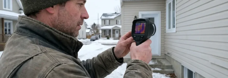 Inspecteur en bâtiment analysant une maison avec caméra thermique au Québec
