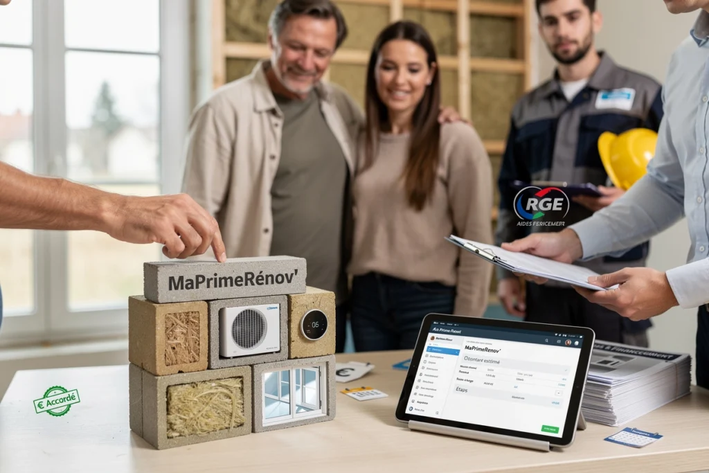 un couple et des artisans discutent de la primerénov