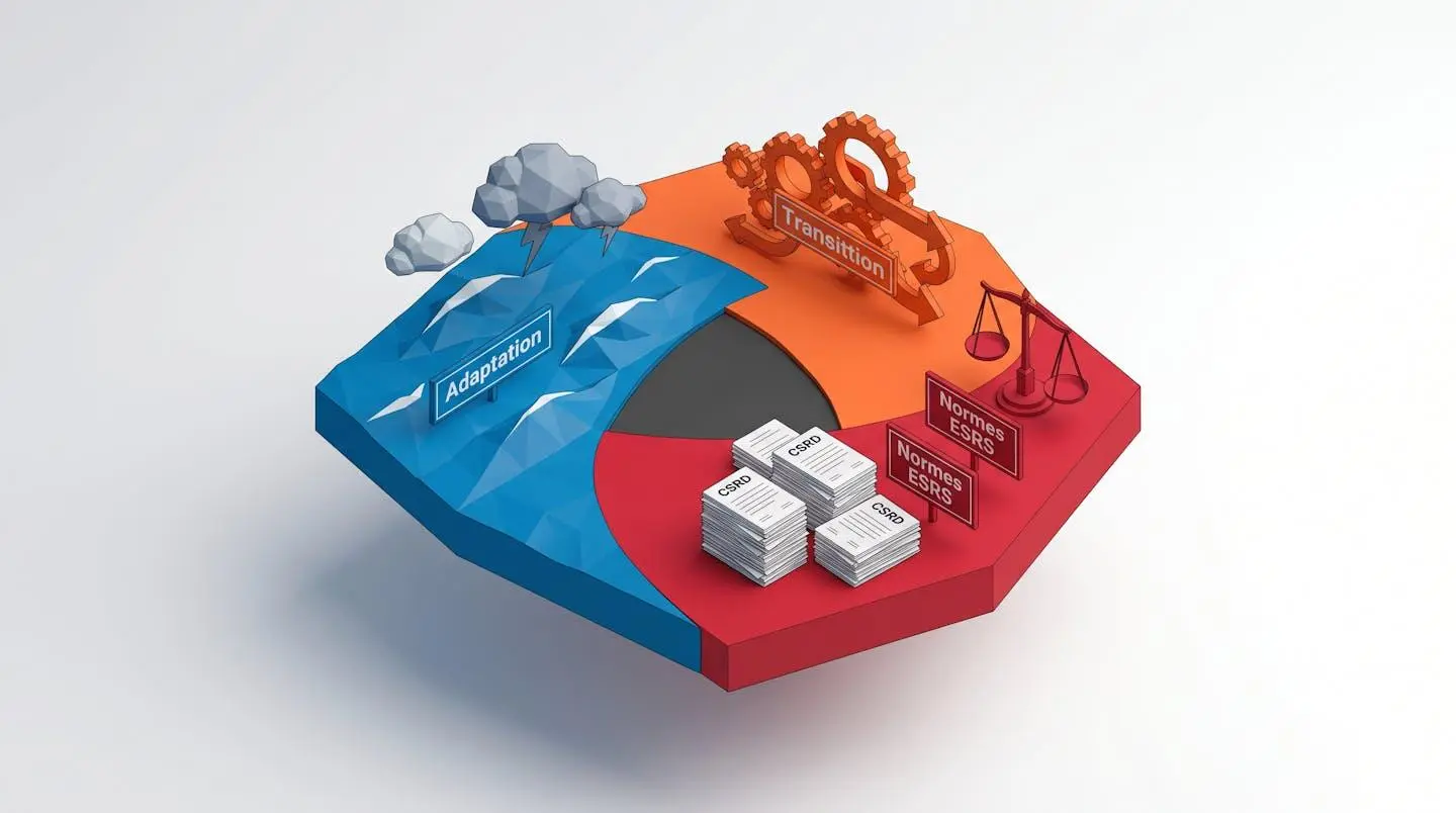 Illustration isométrique d'une plateforme hexagonale divisée en trois zones interconnectées représentant les risques climatiques physiques (bleu avec vagues), de transition (orange avec engrenages) et réglementaires (rouge avec documents)